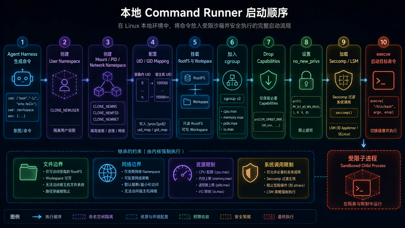 本地 Command Runner 创建受限进程的启动顺序