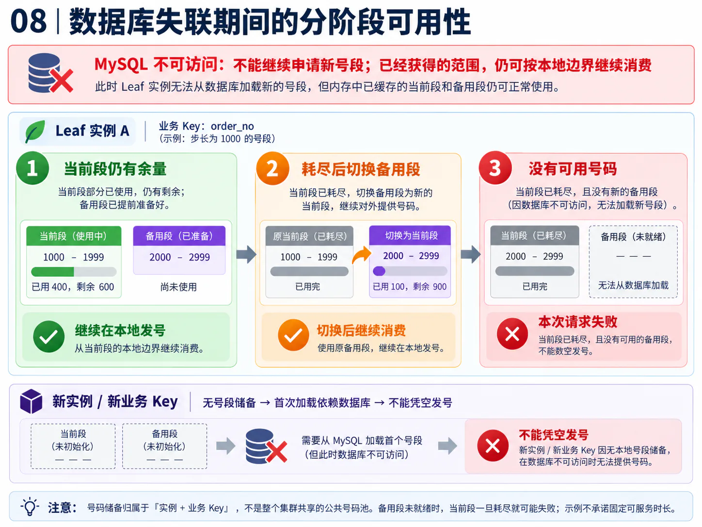 Leaf 数据库失联时当前号段备用号段及新实例的分阶段可用性