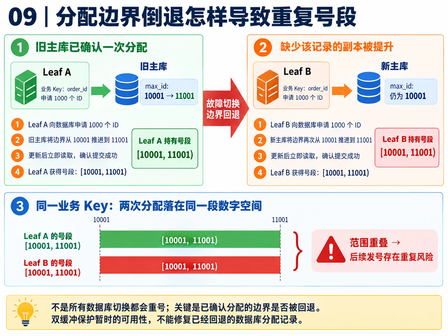 数据库切换导致分配边界回退和号段重叠示意图
