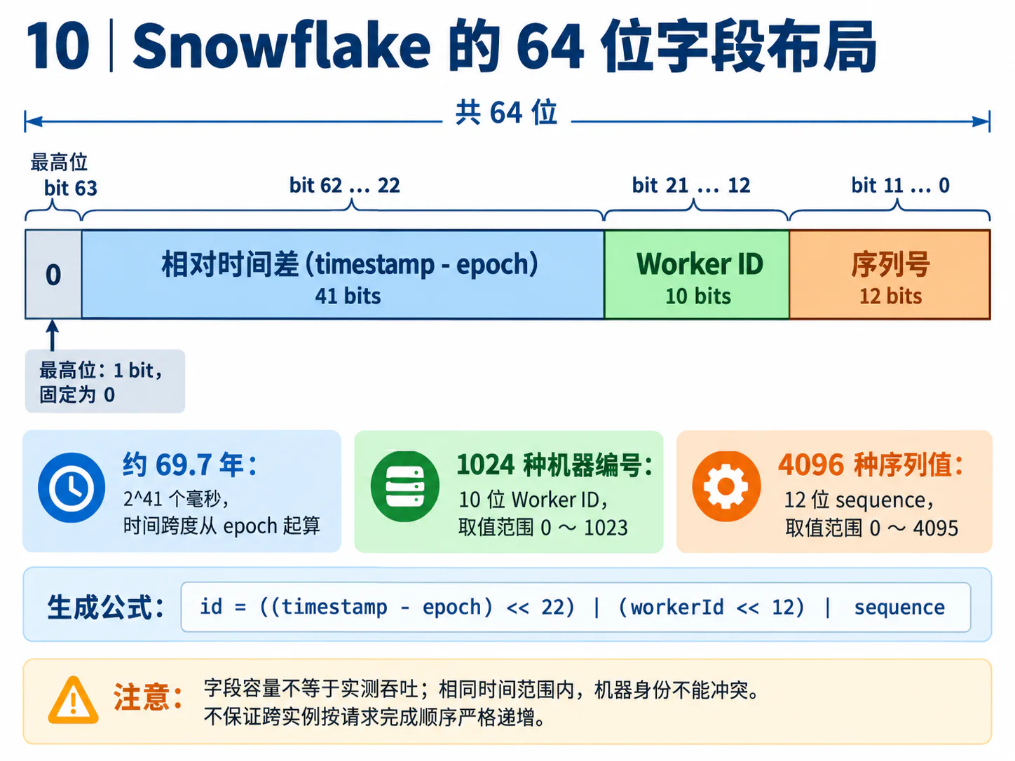 Snowflake 64 位 ID 的时间戳 Worker ID 与序列号字段布局