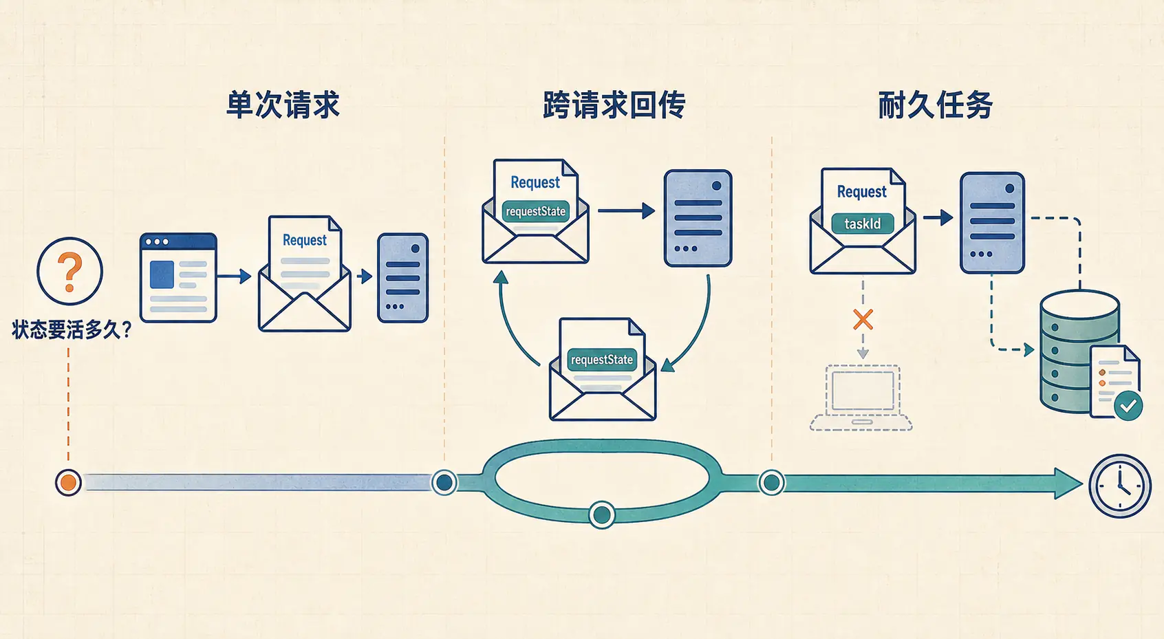 按生命周期选择单次请求、跨请求回传与耐久任务的状态载体